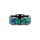 Black Ceramic men's wedding band with emerald green and sapphire blue color...