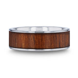 Tungsten Carbide flat wedding ring with rare koa wood inlay and polished...