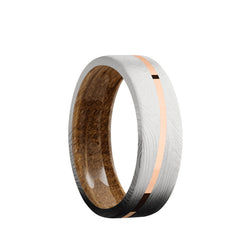 Marble Damascus flat men's wedding band with 1mm angled 14K solid rose gold inlay featuring a whiskey barrel wood sleeve