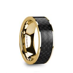 14K Gold men's wedding band with black carbon fiber inlay and flat edges.