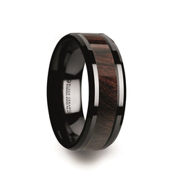 Black Ceramic domed men's wedding ring with bubinga wood inlay and polished finish