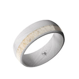 Damascus Steel domed men's wedding band with an off-center antler inlay. 