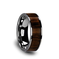Tungsten Carbide flat wedding ring with black walnut wood inlay and polished edges.