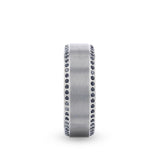 Titanium men's wedding ring with brushed center featuring a bevel eternity arrangement...