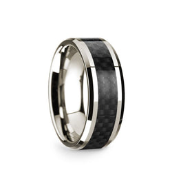 14K White Gold men's wedding band with black carbon fiber inlay and beveled edges