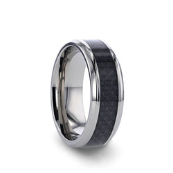 Titanium wedding ring with black carbon fiber inlay and beveled edges