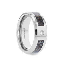 Tungsten Carbide men's wedding ring with ombre deer antler inlay, solitaire diamond and beveled edges