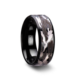 Tungsten Carbide wedding ring with beveled edges and black and grey camo.