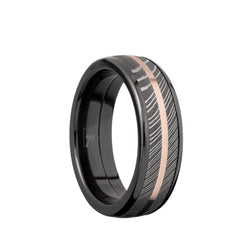 Black Zirconium domed men's wedding band with a Damascus Steel inlay and a 14K Rose Gold accent. 