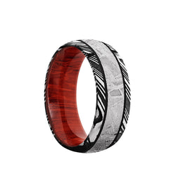 Woodgrain Damascus domed men's wedding band with 4mm of meteorite inlay featuring a Padauk sleeve.