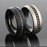 Black Titanium wedding ring with brushed finish and black sapphires