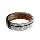 Tightweave Damascus flat men's wedding band with a 0.5mm off-center black cerakote...