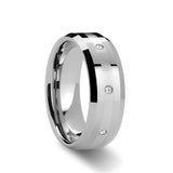 Beveled Tungsten Carbide ring with palladium inlay set with diamonds