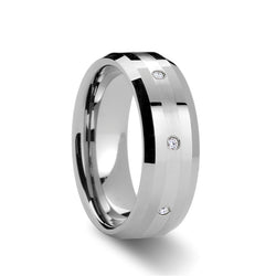 Beveled Tungsten Carbide ring with palladium inlay set with diamonds