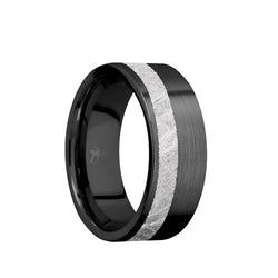 Black Zirconium flat men's wedding band with 3mm of meteorite inlaid off center and a brushed finish.