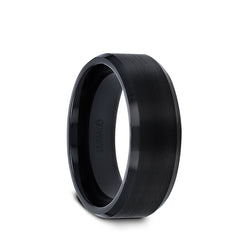 Black Tungsten Carbide men's wedding ring with brushed center and polished beveled edges.