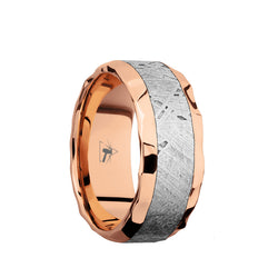 14K Rose Gold men's wedding band with 5mm of meteorite inlay and hammered, beveled edges.