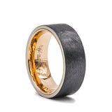 Black Zirconium flat men's wedding band with distressed center featuring a rose...