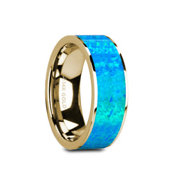 14K Gold flat wedding ring with blue opal inlay and polished finish