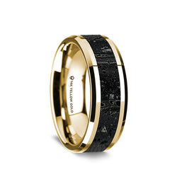 14K Gold wedding band with black and gray lava rock stone inlay and beveled edges