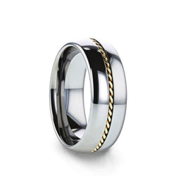 Tungsten domed men's wedding ring with braided 14K gold inlay and polished finish