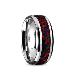 Tungsten wedding band with black and red opal inlay and beveled edges