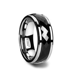 Tungsten men's spinner wedding ring with diamond faceted, black, ceramic center and beveled edges.