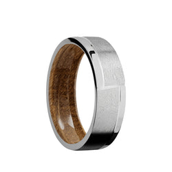 Titanium flat men's wedding band with a distressed finish and polished design featuring a whiskey barrel sleeve.