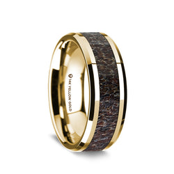 14K Gold wedding ring with dark deer antler inlay and beveled edges. 