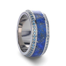 Titanium wedding ring with lapis lazuli inlay set with round blue diamonds and polished beveled edges.