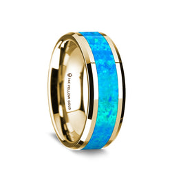 14K Gold men's wedding band with blue opal inlay and beveled edges. 