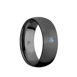 Black Zirconium domed men's wedding band with a .1 carat solitaire denim sapphire and a bead finish
