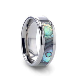 Titanium wedding ring with mother of pearl inlay and beveled edges