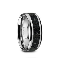 Tungsten men's wedding band with black and gray lava rock stone inlay and beveled edges.