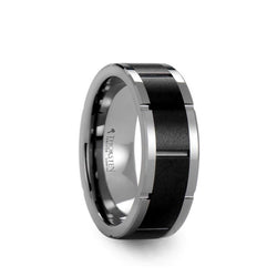 Tungsten watch style men's wedding band with ceramic center and horizontal grooves.