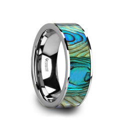 Tungsten men's wedding ring with mother of pearl inlay and polished finish.