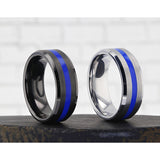 White Tungsten brushed finish wedding ring with beveled edges and blue stripe