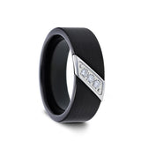 Tungsten men's wedding ring with flat black satin finish and diagonal diamonds...