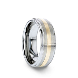 Tungsten men's wedding ring with raised center, gold inlay, satin finish with step edges.