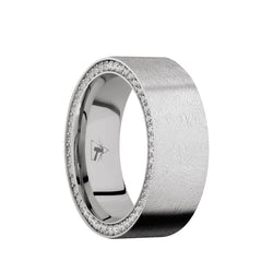 Cobalt Chrome flat men's wedding band with a side eternity arrangement of lab grown .01 carat diamonds featuring a distressed finish. 