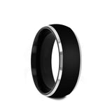 Black Tungsten domed men's wedding ring with polished finish and metallic beveled...