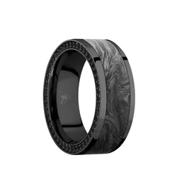 Black Zirconium flat men's wedding band with a side eternity arrangement of ethically sourced .01 carat black diamonds featuring 6mm of forged carbon fiber or black carbon fiber with polished edges.