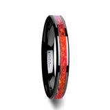 Black Ceramic men's wedding band with red opal inlay and beveled edges