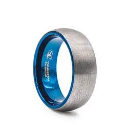 Tungsten Carbide domed men's wedding band with brushed center featuring a blue sleeve.