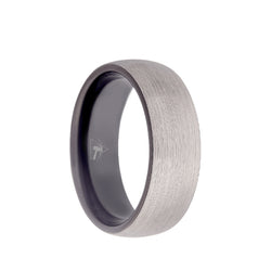 Titanium domed men's wedding band with brushed center featuring a black sleeve and black rounded edges.
