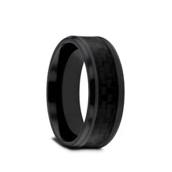 Black Titanium men's wedding ring with black carbon fiber inlay and beveled edges.