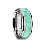 Tungsten men's wedding band with light blue turquoise stone inlay and beveled...