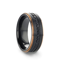 Black Titanium wedding ring with brushed finish, rose gold plated edges and black sapphires.
