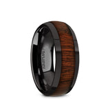 lack Ceramic domed men's wedding ring with rose wood inlay and polished...