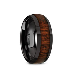 lack Ceramic domed men's wedding ring with rose wood inlay and polished finish